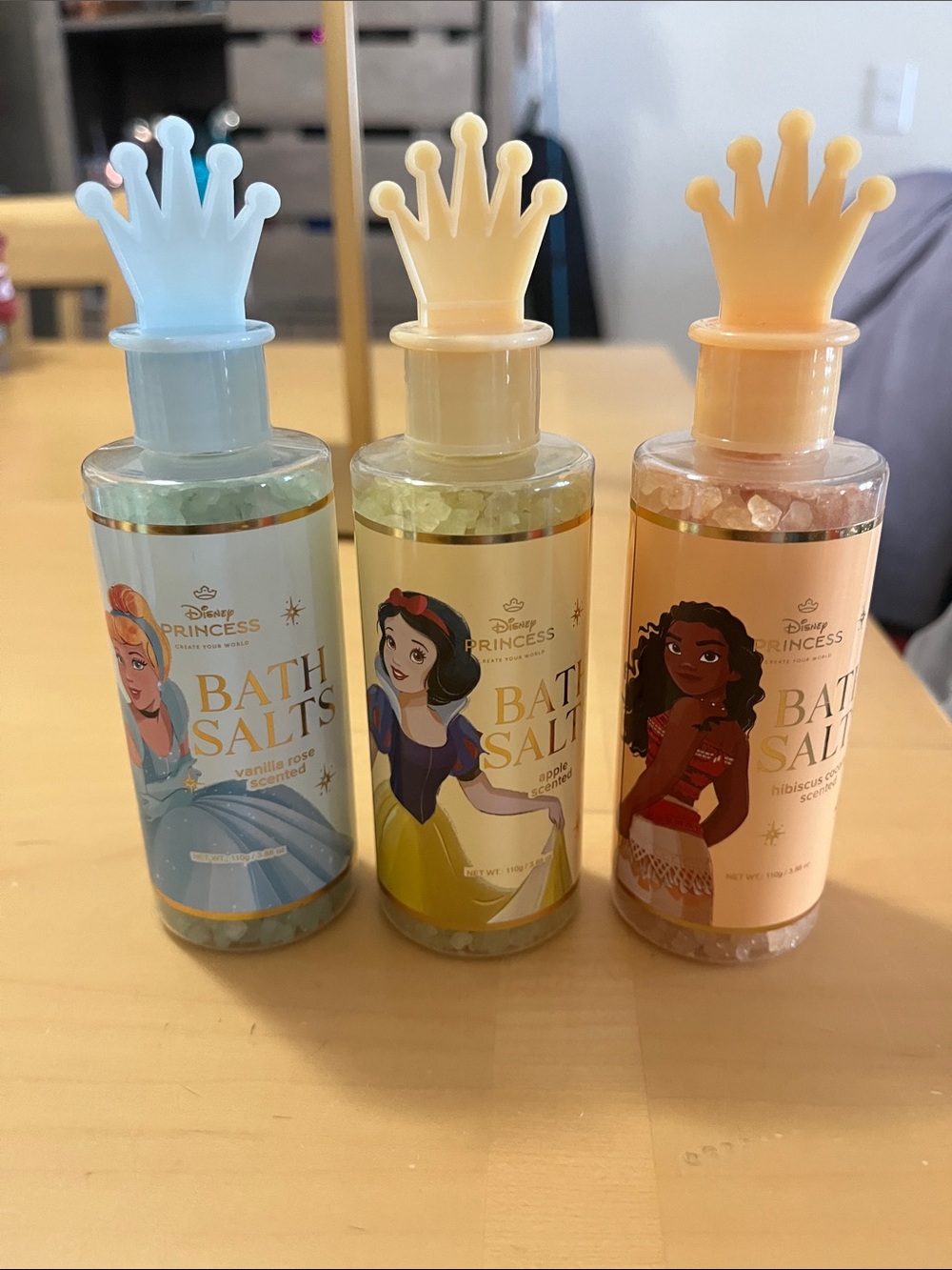 Disney Princess Bath Salts Trio - Blue, Yellow, Peach Bottles